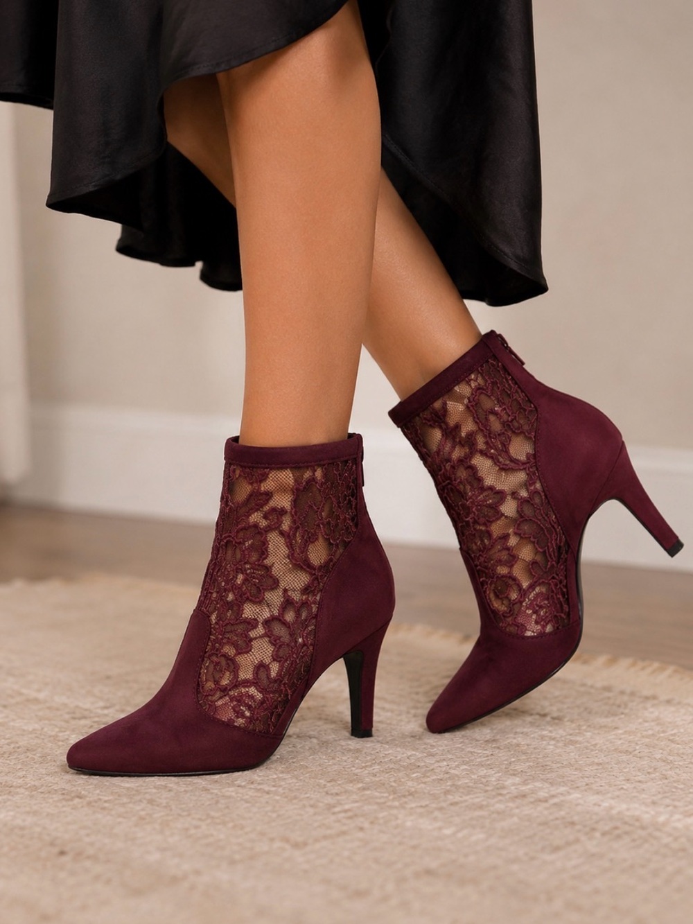 It’s Ok Women's Lace Panel Ankle Booties in Wine
